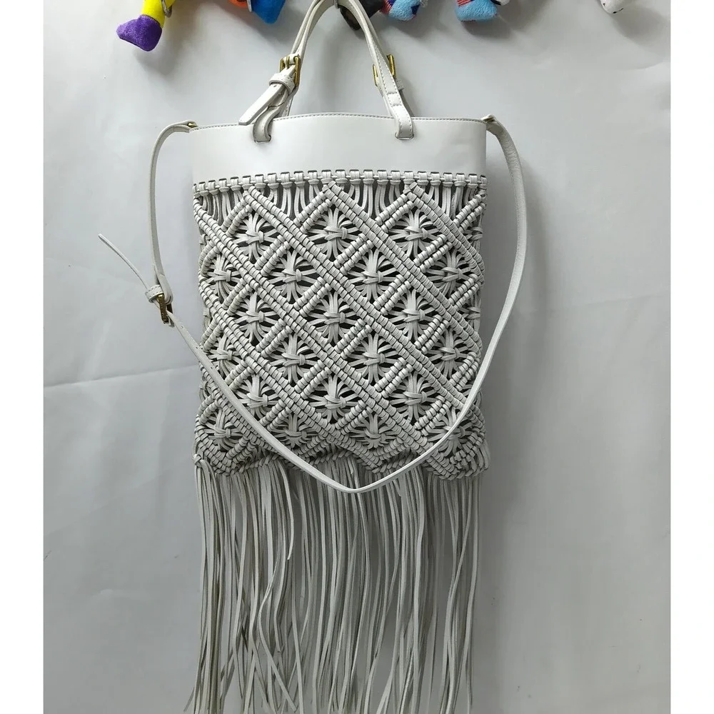 Tory Burch White Leather Woven Braided Macramé Fringe Limited Ed Crossbody Bag